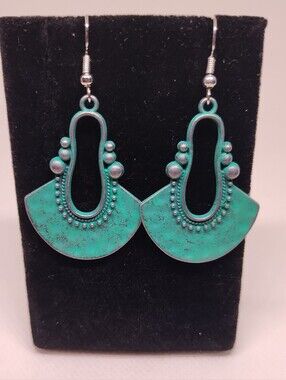 Turquoise Patina Fan Dangle Earrings Women Jewelry G23